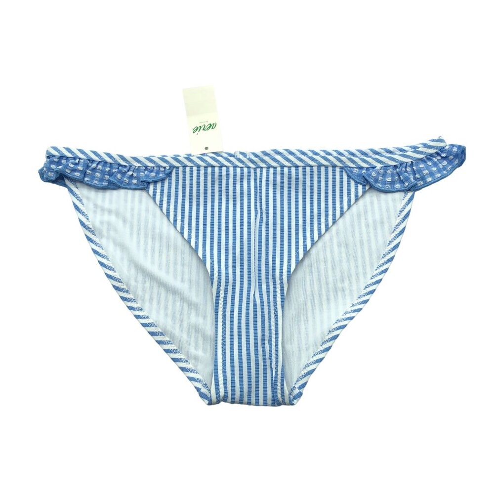 Aerie Swim Bikini Bottom Hipster Brief Seersucker Ruffle Striped Blue White XXS